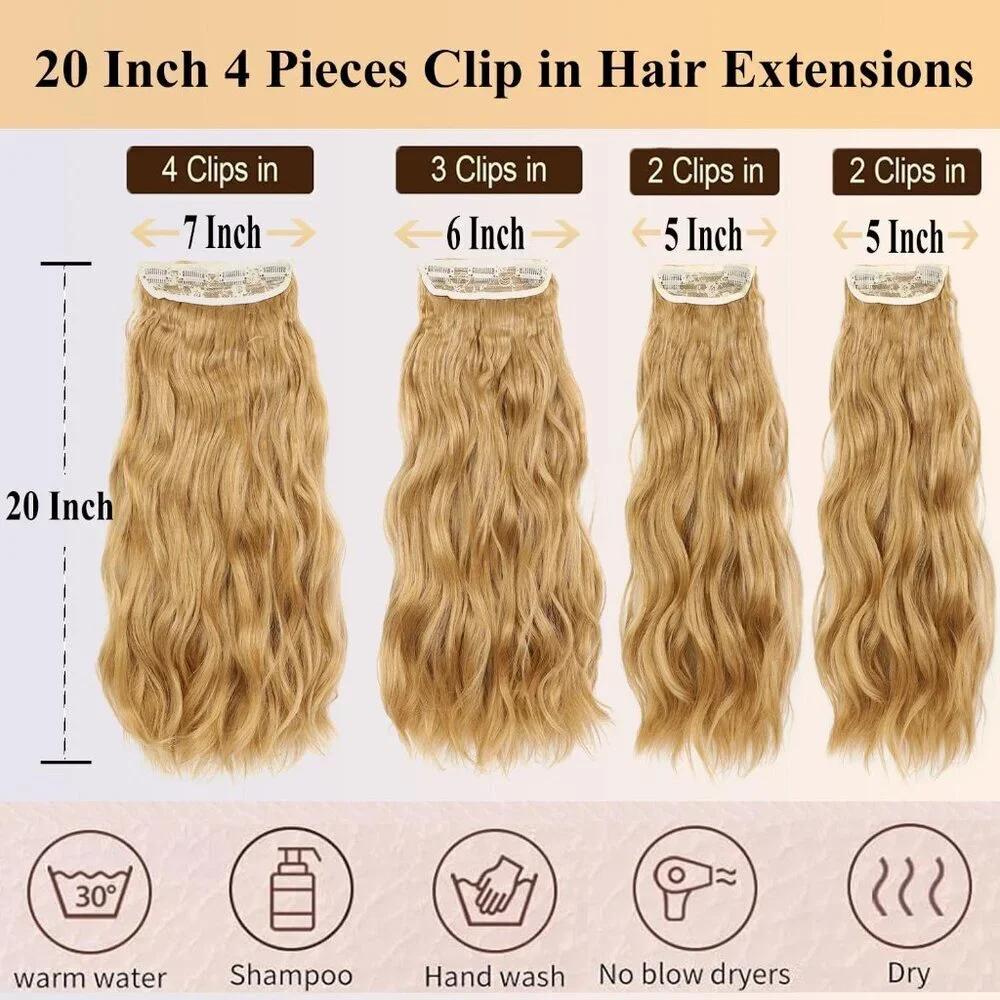 Clip In Hair Extensions Synthetic Curly Wave 20 Inch 4 Pcs Natural Look